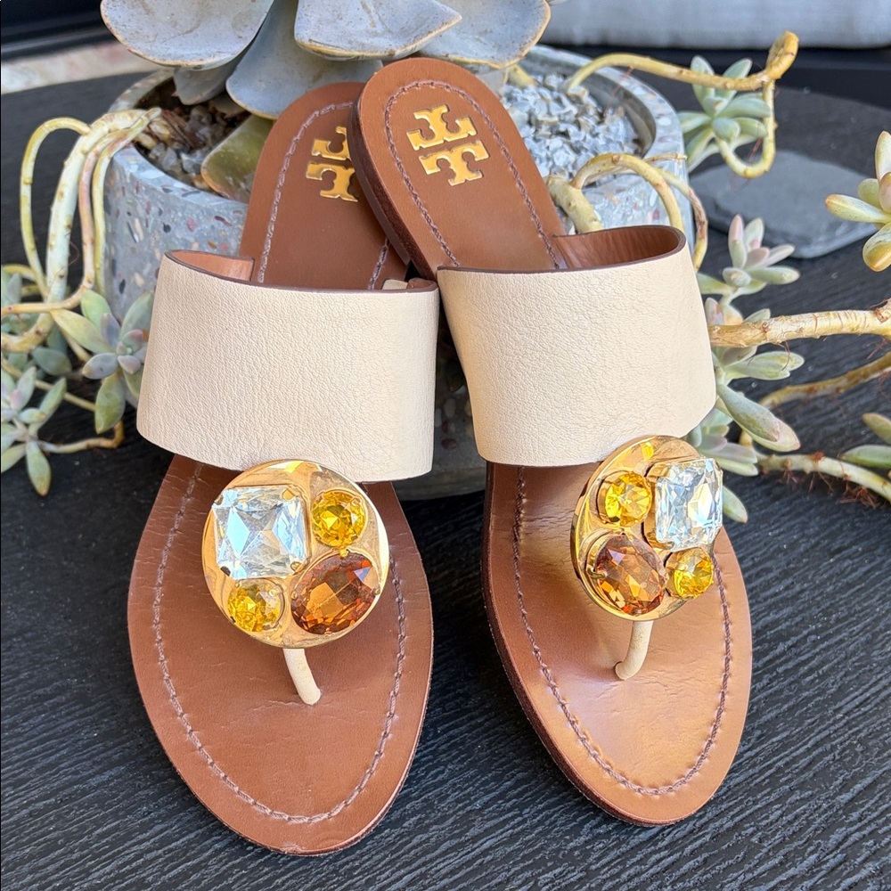 Tory Burch Tan and Gold Embellished Sandals - Picture 2 of 10